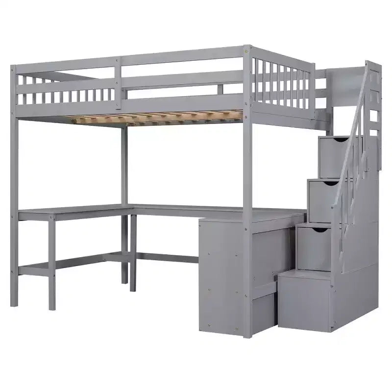 Letto a soppalco Whisen full size con scrivania e ripiani a tre livelli, e scala con cassetti