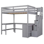 Letto a soppalco Whisen full size con scrivania e ripiani a tre livelli, e scala con cassetti