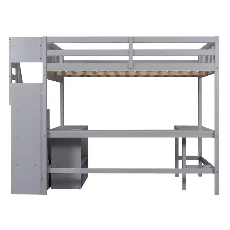 Letto a soppalco Whisen full size con scrivania e ripiani a tre livelli, e scala con cassetti