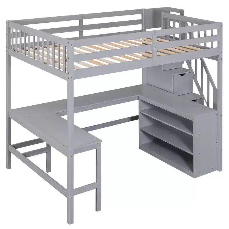 Letto a soppalco Whisen full size con scrivania e ripiani a tre livelli, e scala con cassetti