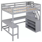 Letto a soppalco Whisen full size con scrivania e ripiani a tre livelli, e scala con cassetti