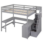 Letto a soppalco Whisen full size con scrivania e ripiani a tre livelli, e scala con cassetti