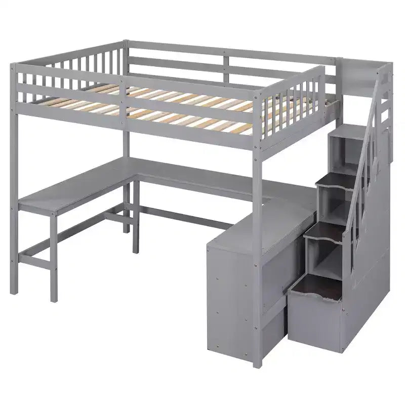 Letto a soppalco Whisen full size con scrivania e ripiani a tre livelli, e scala con cassetti