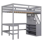 Letto a soppalco Whisen full size con scrivania e ripiani a tre livelli, e scala con cassetti