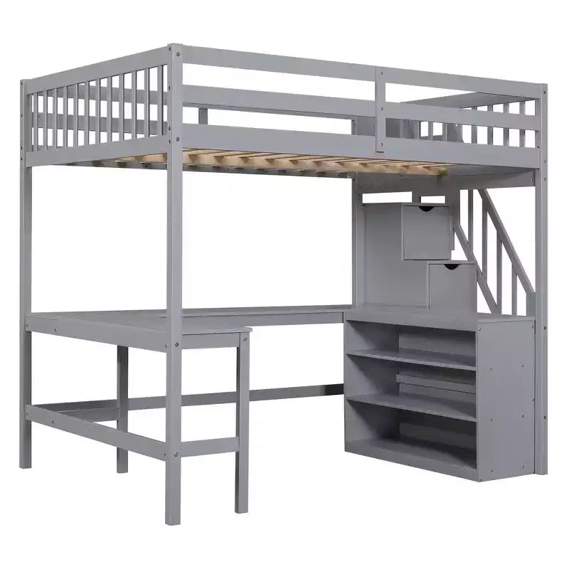 Letto a soppalco Whisen full size con scrivania e ripiani a tre livelli, e scala con cassetti