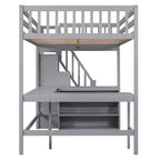 Letto a soppalco Whisen full size con scrivania e ripiani a tre livelli, e scala con cassetti