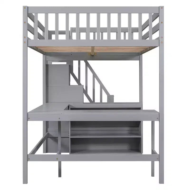 Letto a soppalco Whisen full size con scrivania e ripiani a tre livelli, e scala con cassetti