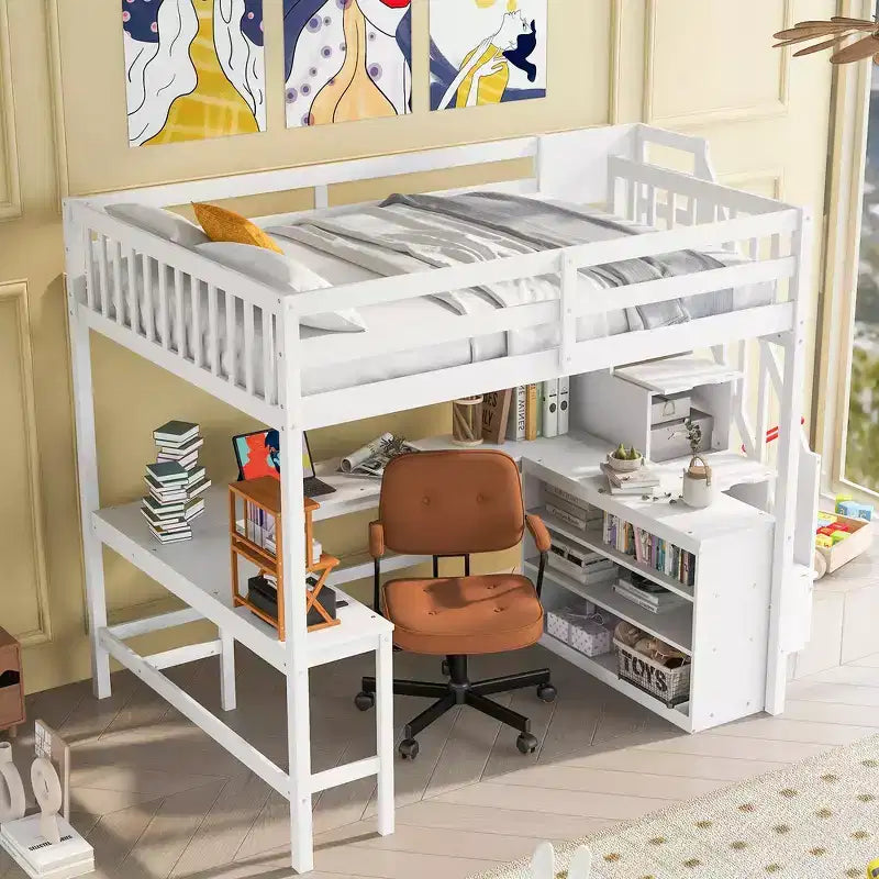 Letto a soppalco Whisen full size con scrivania e ripiani a tre livelli, e scala con cassetti