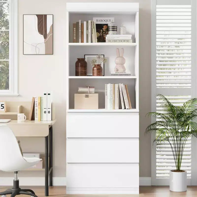 70 Inches Bookcase with Drawers, Tall Bookshelf Farmhouse Bookcases Wooden Deep Bookshelves Storage Cabinet Organizer for Living Room, Study, Kitchen