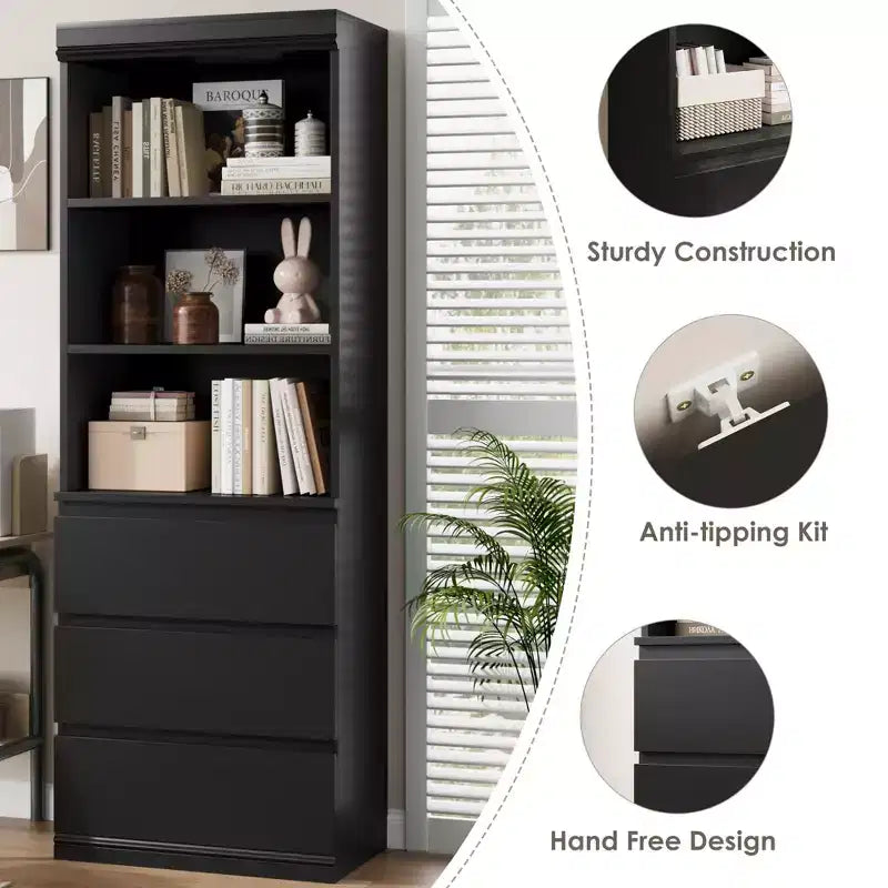 70 Inches Bookcase with Drawers, Tall Bookshelf Farmhouse Bookcases Wooden Deep Bookshelves Storage Cabinet Organizer for Living Room, Study, Kitchen