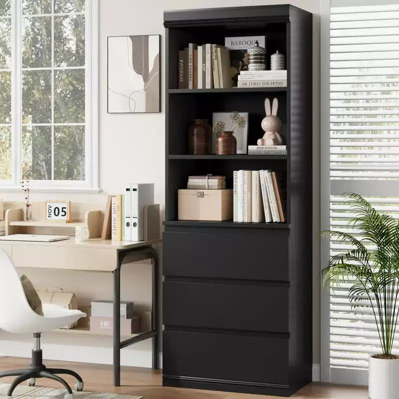 70 Inches Bookcase with Drawers, Tall Bookshelf Farmhouse Bookcases Wooden Deep Bookshelves Storage Cabinet Organizer for Living Room, Study, Kitchen