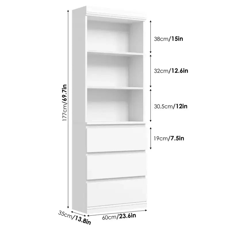 70 Inches Bookcase with Drawers, Tall Bookshelf Farmhouse Bookcases Wooden Deep Bookshelves Storage Cabinet Organizer for Living Room, Study, Kitchen