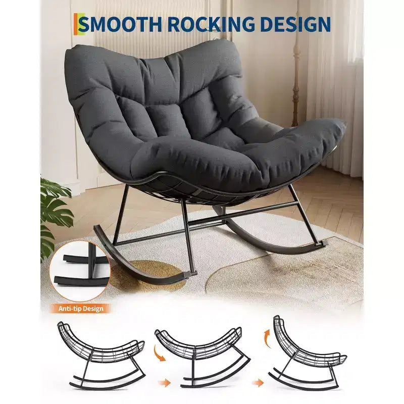 Sedia a Dondolo Papasan con Cuscino Spesso - Poltrona Lounge in Rattan per Interni Esterni Soggiorno Balcone