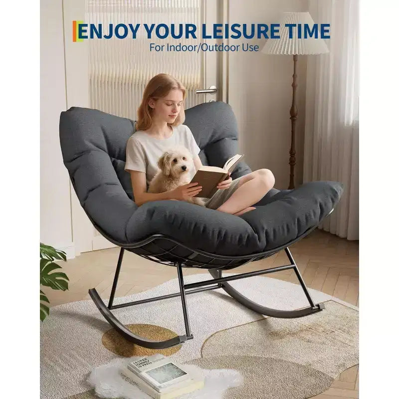 Sedia a Dondolo Papasan con Cuscino Spesso - Poltrona Lounge in Rattan per Interni Esterni Soggiorno Balcone