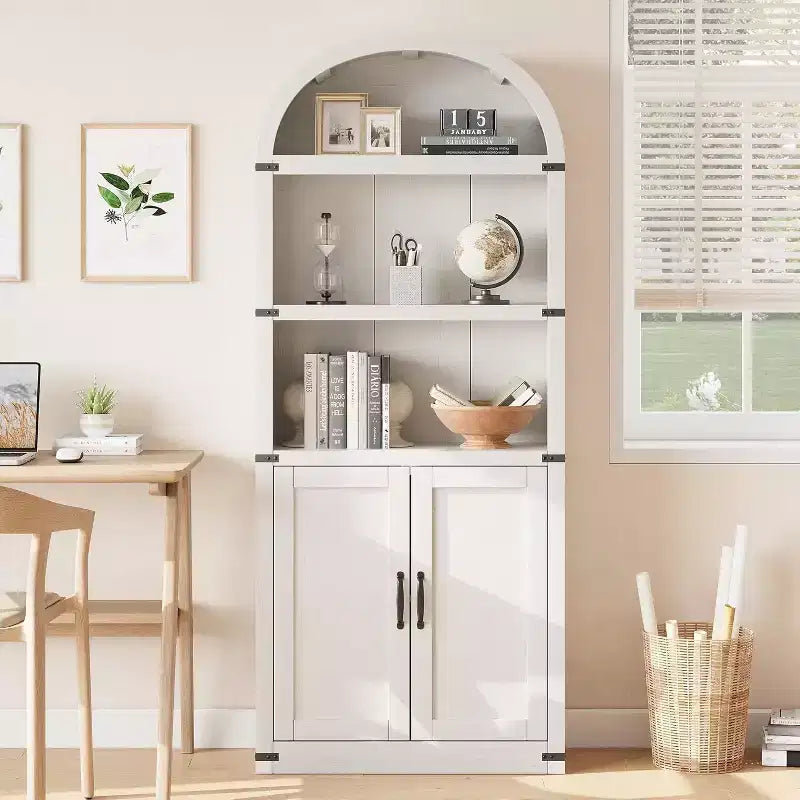 Acekool Libreria ad arco a 5 ripiani, scaffale espositivo in legno stile rustico alto 182 cm, scaffale portaoggetti con dettagli in metallo per soggiorno, ufficio, bianco