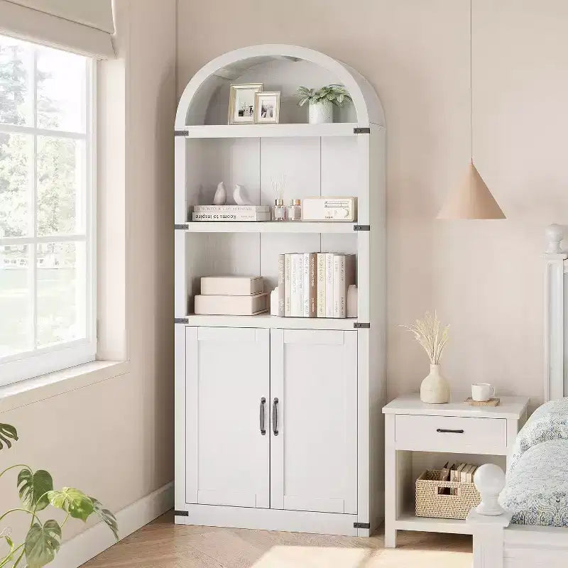 Acekool Libreria ad arco a 5 ripiani, scaffale espositivo in legno stile rustico alto 182 cm, scaffale portaoggetti con dettagli in metallo per soggiorno, ufficio, bianco