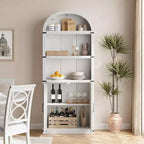 Acekool Libreria ad arco a 5 ripiani, scaffale espositivo in legno stile rustico alto 182 cm, scaffale portaoggetti con dettagli in metallo per soggiorno, ufficio, bianco