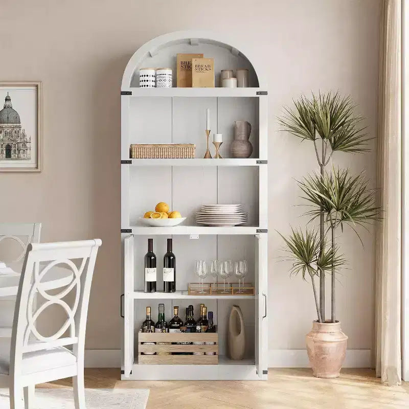 Acekool Libreria ad arco a 5 ripiani, scaffale espositivo in legno stile rustico alto 182 cm, scaffale portaoggetti con dettagli in metallo per soggiorno, ufficio, bianco