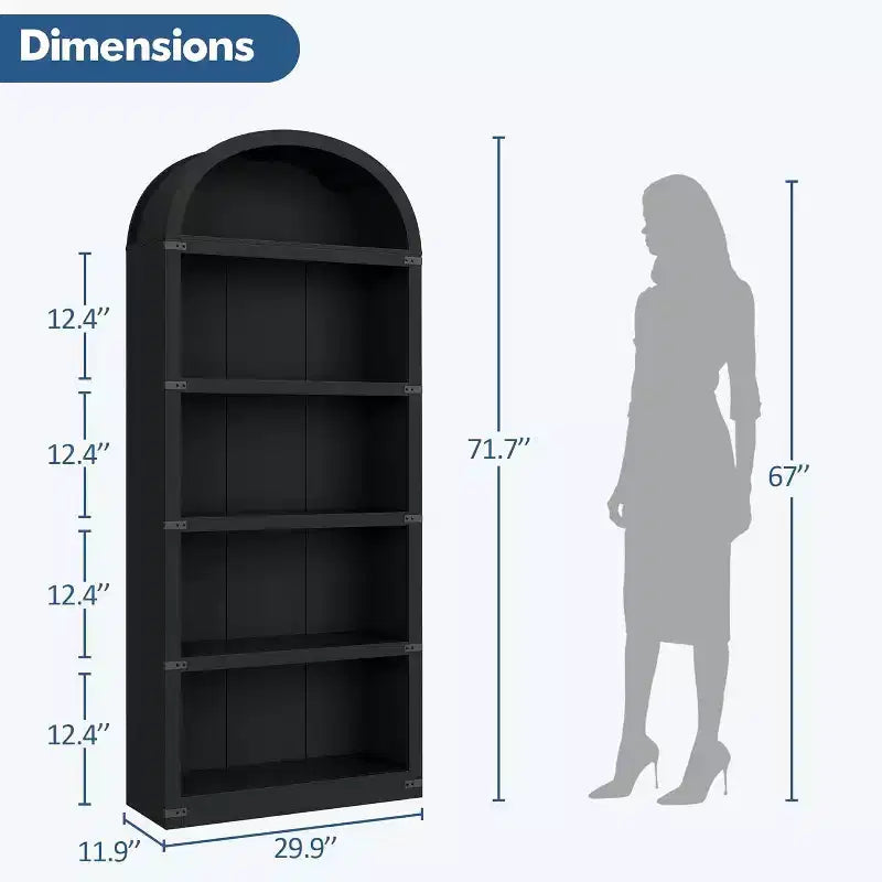 Acekool Libreria ad arco a 5 ripiani, scaffale espositivo in legno stile rustico alto 182 cm, scaffale portaoggetti con dettagli in metallo per soggiorno, ufficio, bianco