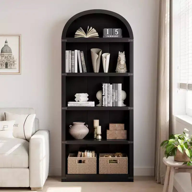 Acekool Libreria ad arco a 5 ripiani, scaffale espositivo in legno stile rustico alto 182 cm, scaffale portaoggetti con dettagli in metallo per soggiorno, ufficio, bianco