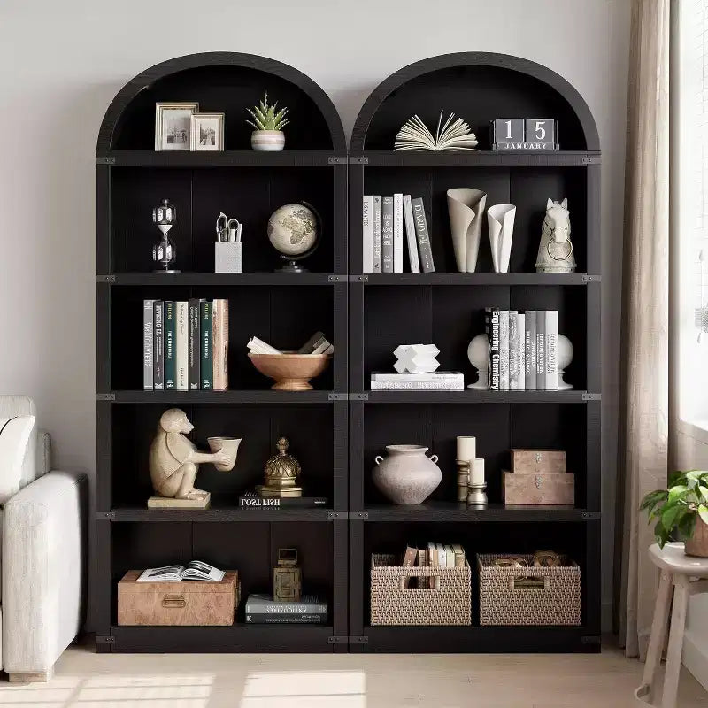 Acekool Libreria ad arco a 5 ripiani, scaffale espositivo in legno stile rustico alto 182 cm, scaffale portaoggetti con dettagli in metallo per soggiorno, ufficio, bianco