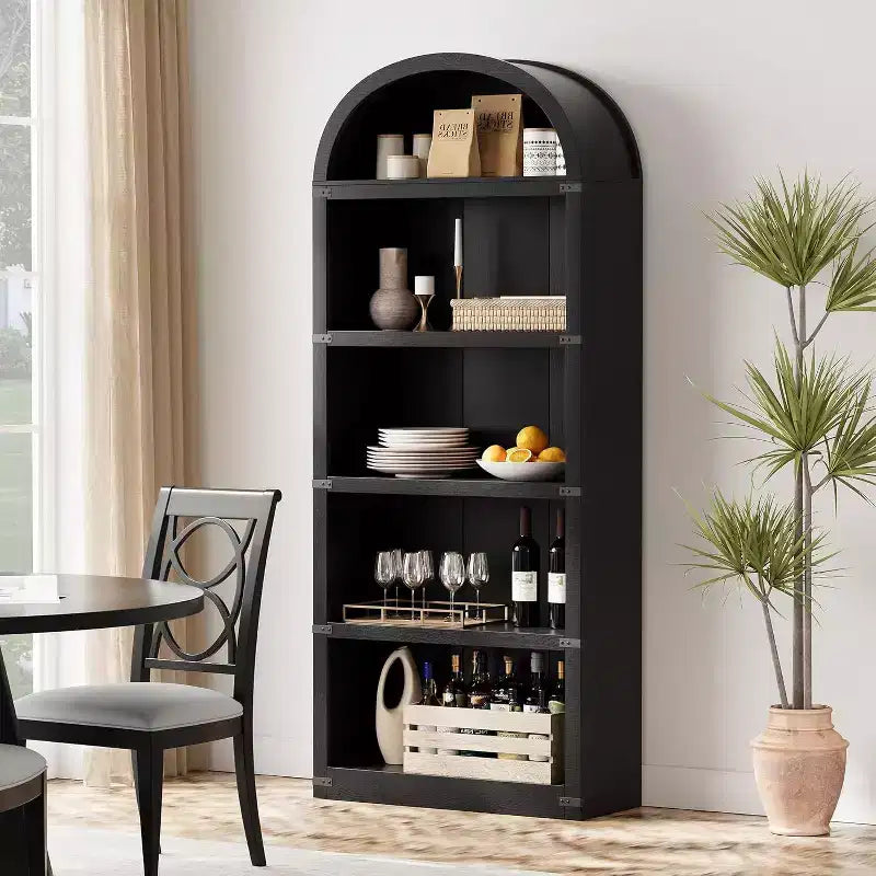 Acekool Libreria ad arco a 5 ripiani, scaffale espositivo in legno stile rustico alto 182 cm, scaffale portaoggetti con dettagli in metallo per soggiorno, ufficio, bianco