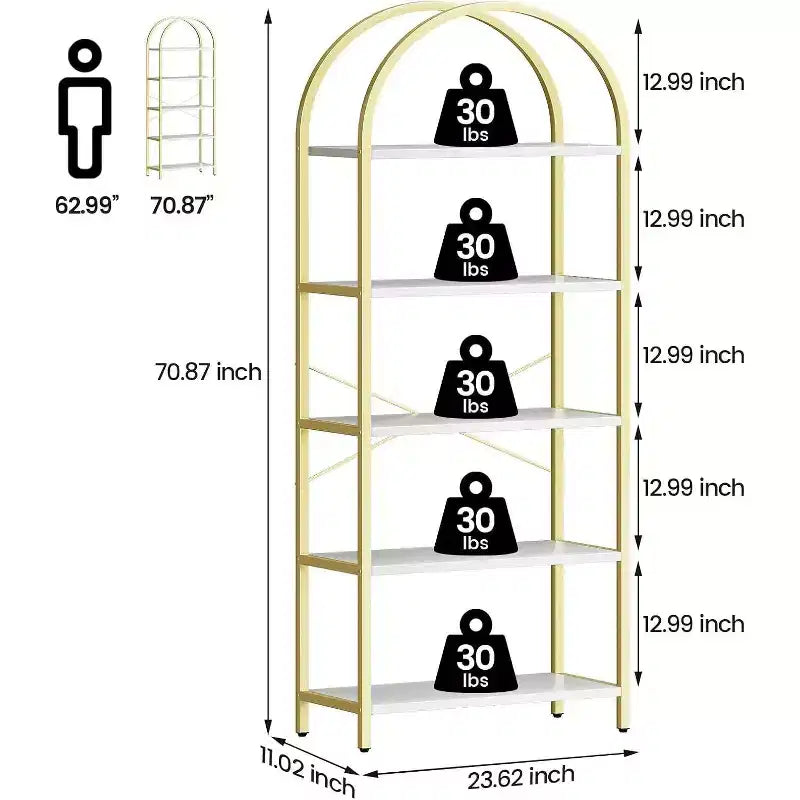 Acekool Libreria ad arco a 5 ripiani, scaffale espositivo in legno stile rustico alto 182 cm, scaffale portaoggetti con dettagli in metallo per soggiorno, ufficio, bianco