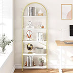 Acekool Libreria ad arco a 5 ripiani, scaffale espositivo in legno stile rustico alto 182 cm, scaffale portaoggetti con dettagli in metallo per soggiorno, ufficio, bianco