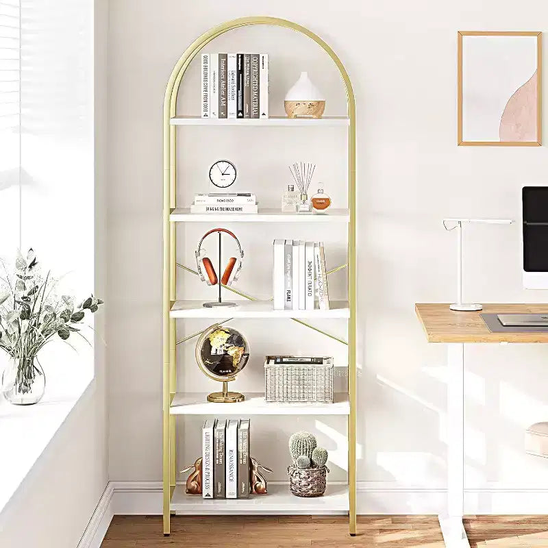 Acekool Libreria ad arco a 5 ripiani, scaffale espositivo in legno stile rustico alto 182 cm, scaffale portaoggetti con dettagli in metallo per soggiorno, ufficio, bianco