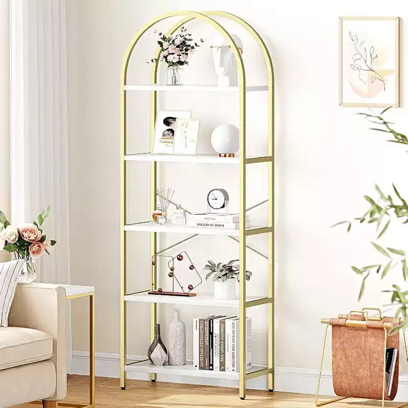Acekool Libreria ad arco a 5 ripiani, scaffale espositivo in legno stile rustico alto 182 cm, scaffale portaoggetti con dettagli in metallo per soggiorno, ufficio, bianco