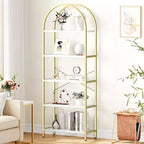 Acekool Libreria ad arco a 5 ripiani, scaffale espositivo in legno stile rustico alto 182 cm, scaffale portaoggetti con dettagli in metallo per soggiorno, ufficio, bianco