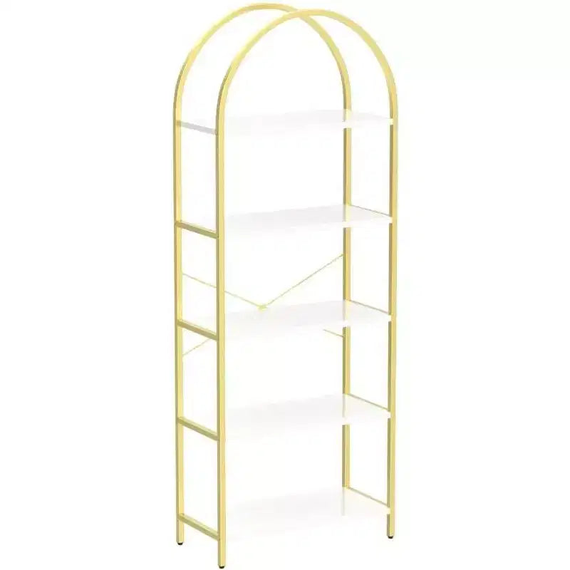 Acekool Libreria ad arco a 5 ripiani, scaffale espositivo in legno stile rustico alto 182 cm, scaffale portaoggetti con dettagli in metallo per soggiorno, ufficio, bianco