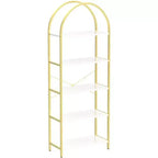 Acekool Libreria ad arco a 5 ripiani, scaffale espositivo in legno stile rustico alto 182 cm, scaffale portaoggetti con dettagli in metallo per soggiorno, ufficio, bianco