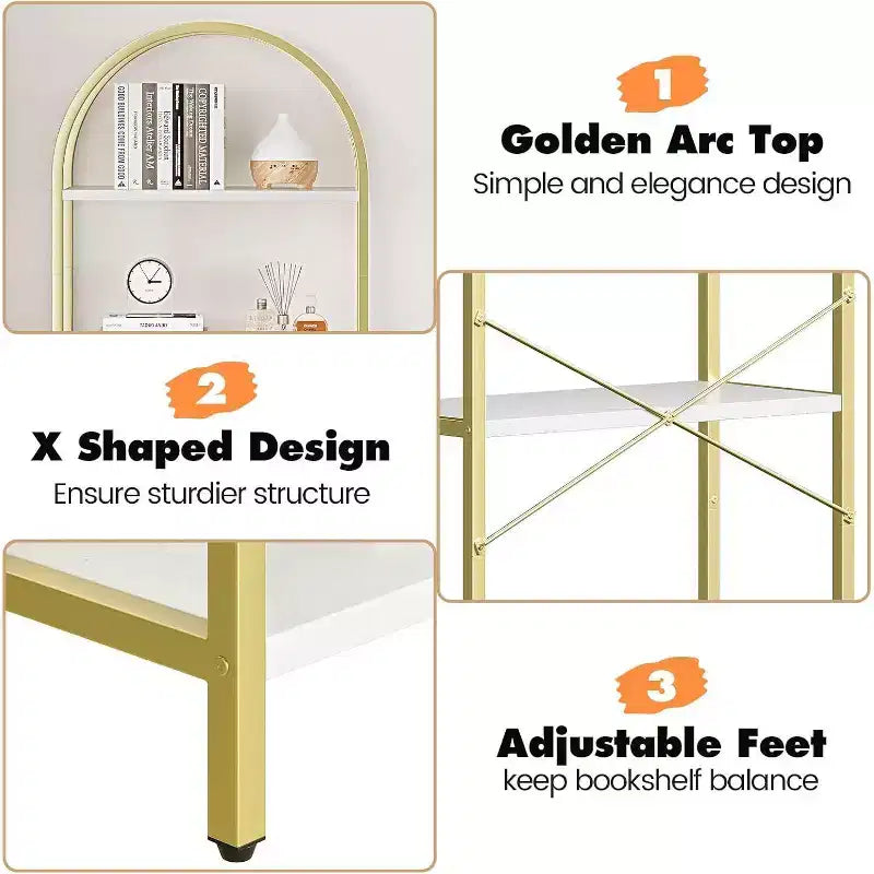 Acekool Libreria ad arco a 5 ripiani, scaffale espositivo in legno stile rustico alto 182 cm, scaffale portaoggetti con dettagli in metallo per soggiorno, ufficio, bianco