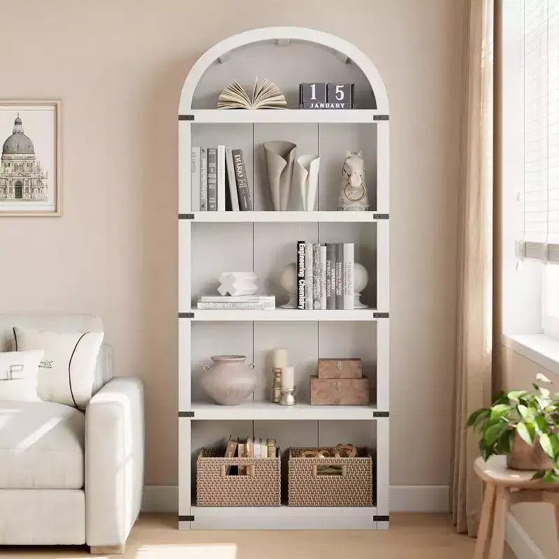 Acekool Libreria ad arco a 5 ripiani, scaffale espositivo in legno stile rustico alto 182 cm, scaffale portaoggetti con dettagli in metallo per soggiorno, ufficio, bianco