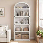Acekool Libreria ad arco a 5 ripiani, scaffale espositivo in legno stile rustico alto 182 cm, scaffale portaoggetti con dettagli in metallo per soggiorno, ufficio, bianco