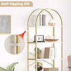 Acekool Libreria ad arco a 5 ripiani, scaffale espositivo in legno stile rustico alto 182 cm, scaffale portaoggetti con dettagli in metallo per soggiorno, ufficio, bianco