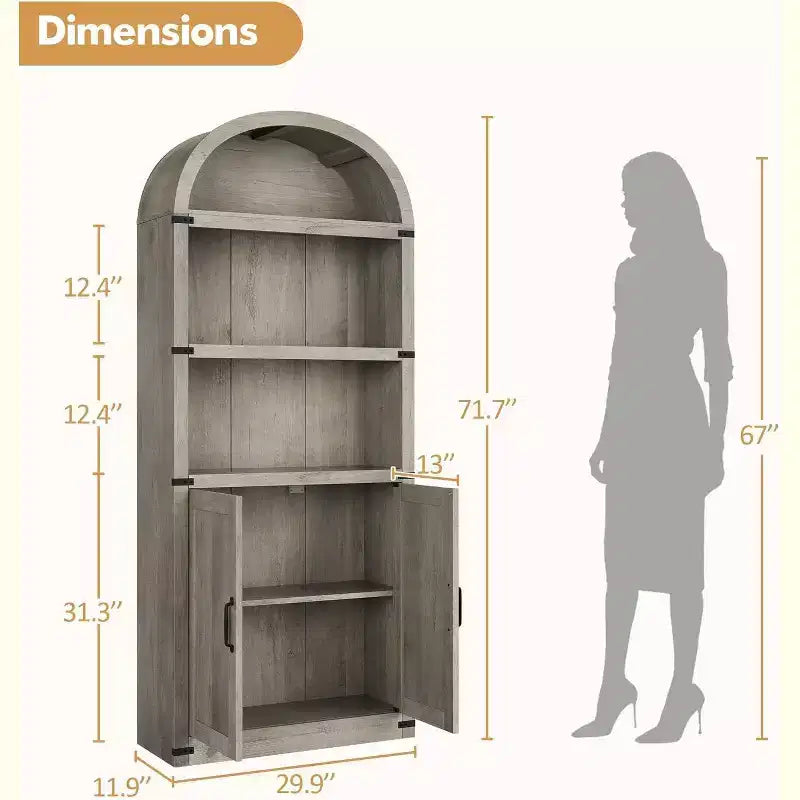 Acekool Libreria ad arco a 5 ripiani, scaffale espositivo in legno stile rustico alto 182 cm, scaffale portaoggetti con dettagli in metallo per soggiorno, ufficio, bianco