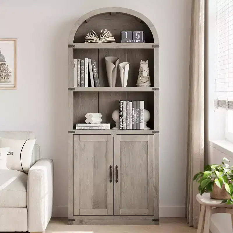 Acekool Libreria ad arco a 5 ripiani, scaffale espositivo in legno stile rustico alto 182 cm, scaffale portaoggetti con dettagli in metallo per soggiorno, ufficio, bianco