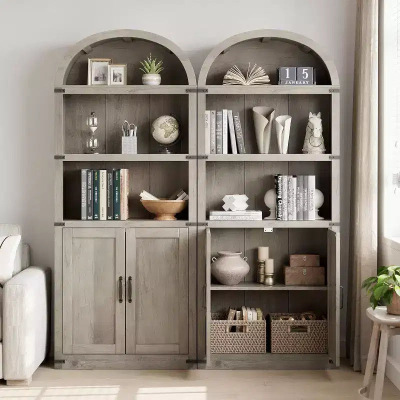 Acekool Libreria ad arco a 5 ripiani, scaffale espositivo in legno stile rustico alto 182 cm, scaffale portaoggetti con dettagli in metallo per soggiorno, ufficio, bianco