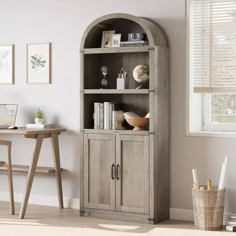 Acekool Libreria ad arco a 5 ripiani, scaffale espositivo in legno stile rustico alto 182 cm, scaffale portaoggetti con dettagli in metallo per soggiorno, ufficio, bianco