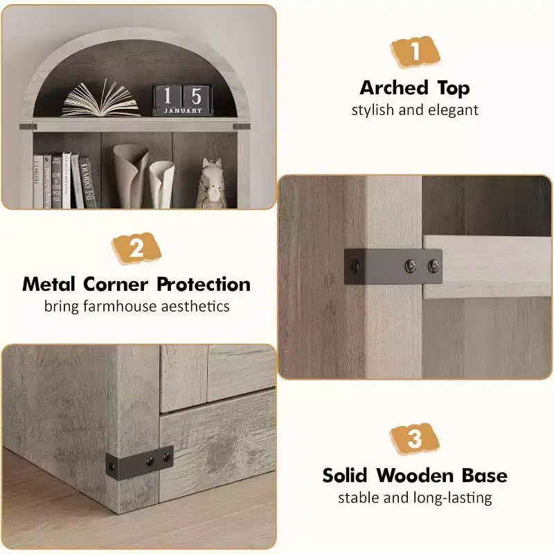 Acekool Libreria ad arco a 5 ripiani, scaffale espositivo in legno stile rustico alto 182 cm, scaffale portaoggetti con dettagli in metallo per soggiorno, ufficio, bianco