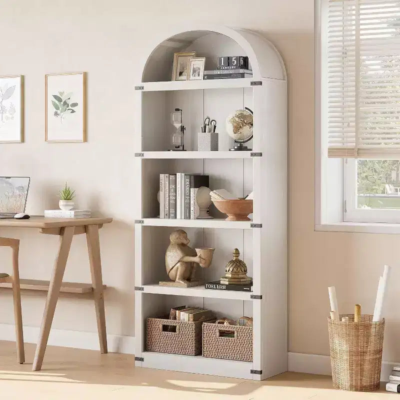 Acekool Libreria ad arco a 5 ripiani, scaffale espositivo in legno stile rustico alto 182 cm, scaffale portaoggetti con dettagli in metallo per soggiorno, ufficio, bianco