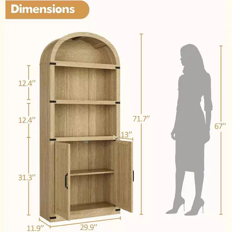 Acekool Libreria ad arco a 5 ripiani, scaffale espositivo in legno stile rustico alto 182 cm, scaffale portaoggetti con dettagli in metallo per soggiorno, ufficio, bianco