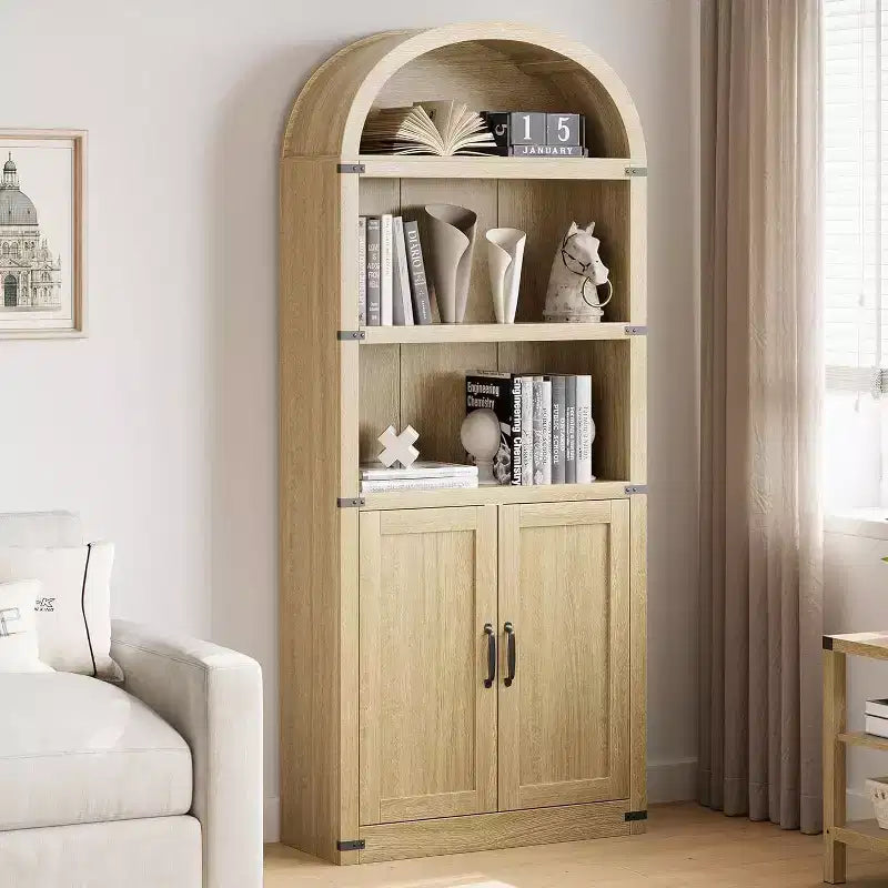 Acekool Libreria ad arco a 5 ripiani, scaffale espositivo in legno stile rustico alto 182 cm, scaffale portaoggetti con dettagli in metallo per soggiorno, ufficio, bianco