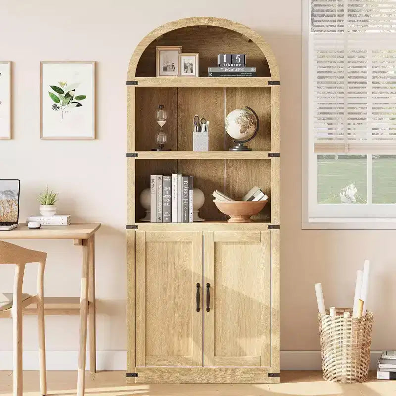 Acekool Libreria ad arco a 5 ripiani, scaffale espositivo in legno stile rustico alto 182 cm, scaffale portaoggetti con dettagli in metallo per soggiorno, ufficio, bianco