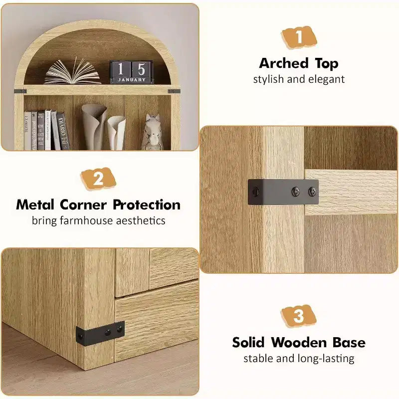 Acekool Libreria ad arco a 5 ripiani, scaffale espositivo in legno stile rustico alto 182 cm, scaffale portaoggetti con dettagli in metallo per soggiorno, ufficio, bianco