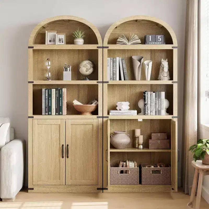 Acekool Libreria ad arco a 5 ripiani, scaffale espositivo in legno stile rustico alto 182 cm, scaffale portaoggetti con dettagli in metallo per soggiorno, ufficio, bianco