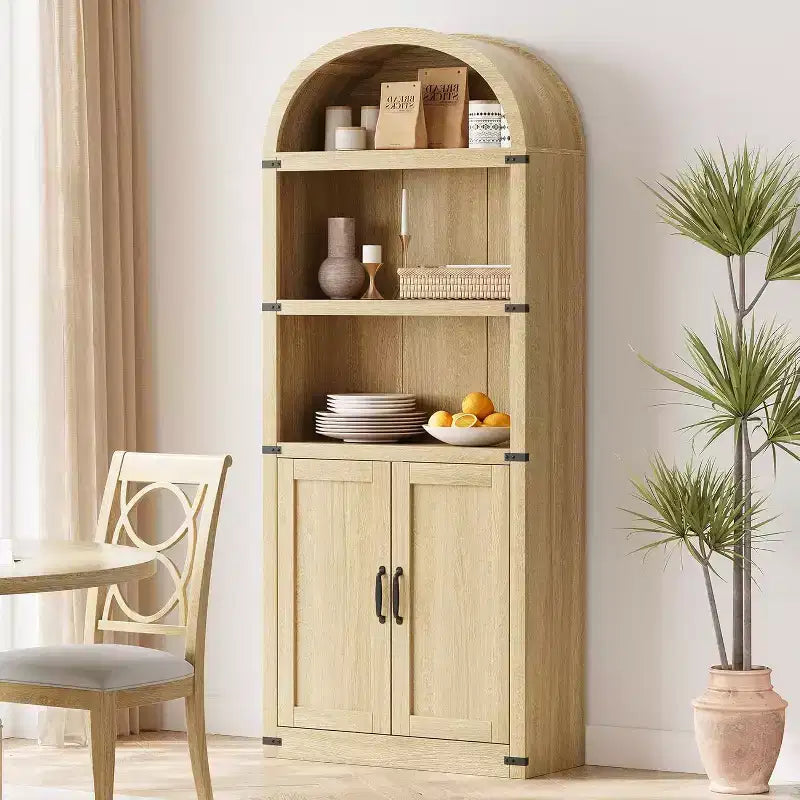 Acekool Libreria ad arco a 5 ripiani, scaffale espositivo in legno stile rustico alto 182 cm, scaffale portaoggetti con dettagli in metallo per soggiorno, ufficio, bianco