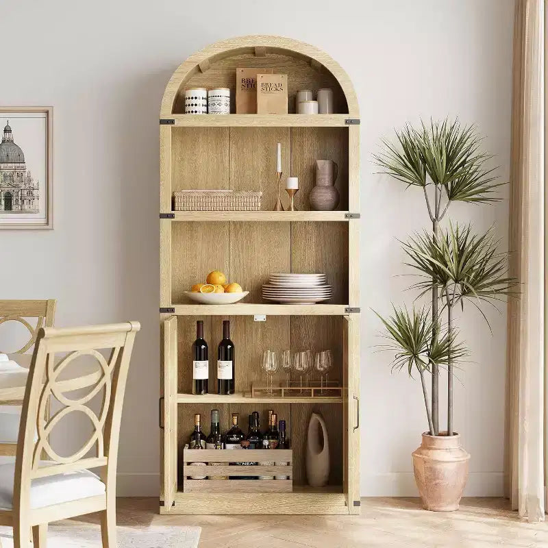 Acekool Libreria ad arco a 5 ripiani, scaffale espositivo in legno stile rustico alto 182 cm, scaffale portaoggetti con dettagli in metallo per soggiorno, ufficio, bianco